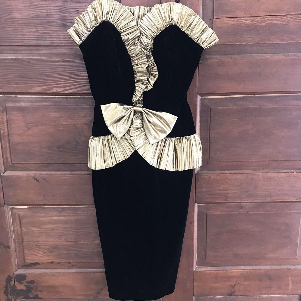 Vtg XS Black Cocktail Dress Strapless Sweetheart Gold Pleated Ruffle Peplum Bow